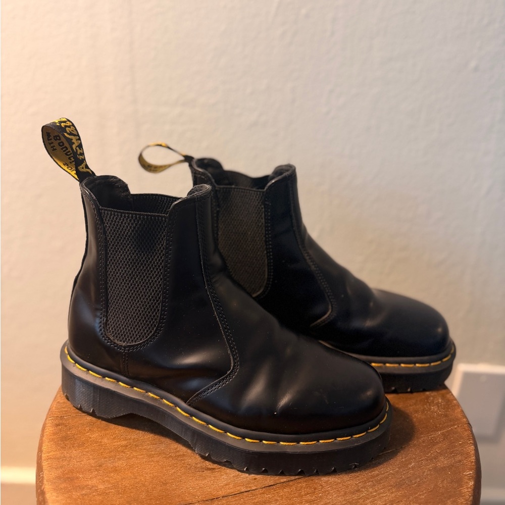 Dr. Martens Black Leather Chelsea Boots with Yellow Accents
